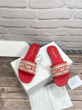 Dior Red Logo Embroidered Flat Slides